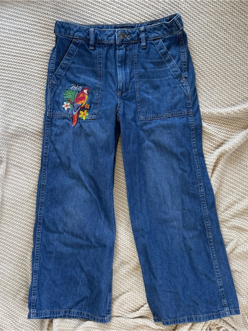 Polo Ralph Lauren Girls Tropical Parrot Embroidered Wide Leg Blue Denim Jeans 10